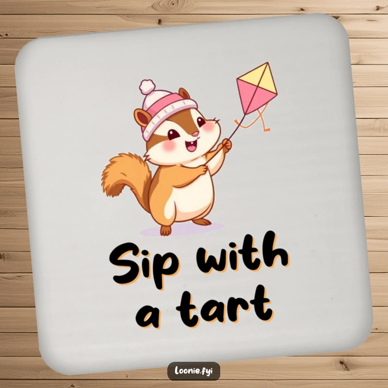 Funny Chipmunk Coaster: A chipmunk flies a butter tart kite, a charming and humorous coaster for any table.