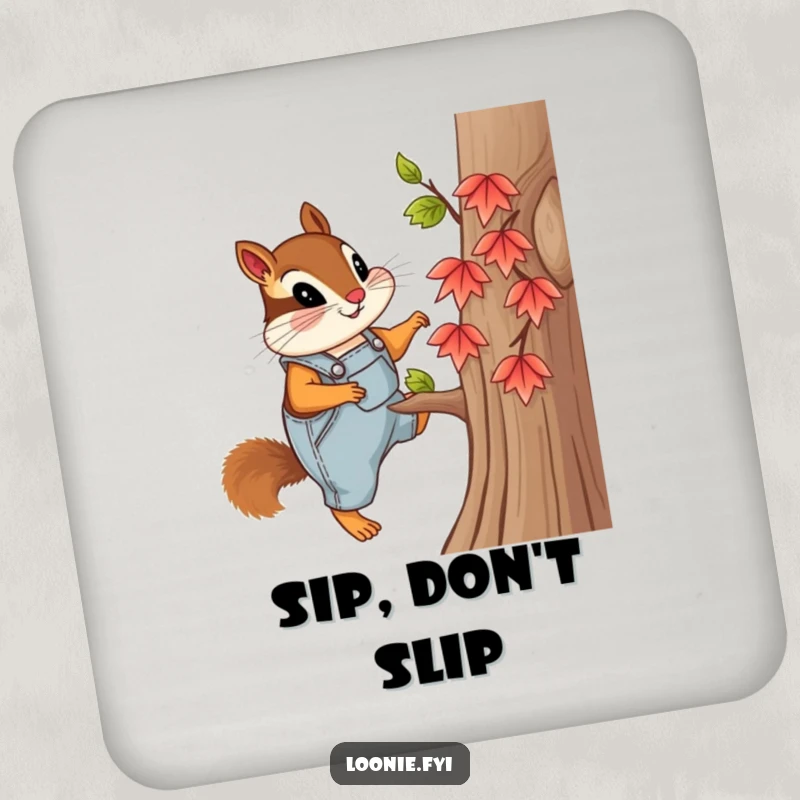 Funny drink coaster with a curious chipmunk wearing overalls, climbing a tiny maple tree, perfect for protecting surfaces with humorous flair.