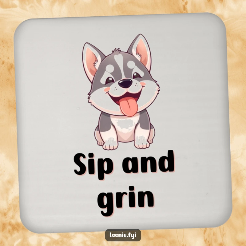 Funny drink coaster with a small husky dog eagerly panting with a happy grin, a humorous and practical table accessory.