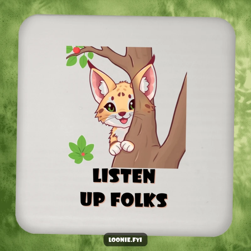 Funny drink coasters featuring a happy lynx with big ears, peeking from behind a tree, perfect for adding a humorous touch to beverage service.