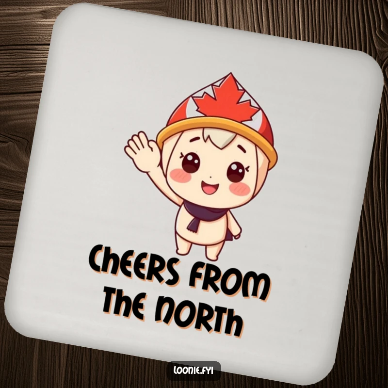 Funny Coaster: Cheerful character in a maple leaf hat offers a happy wave, adding charm and protecting surfaces. Excellent funny gift.