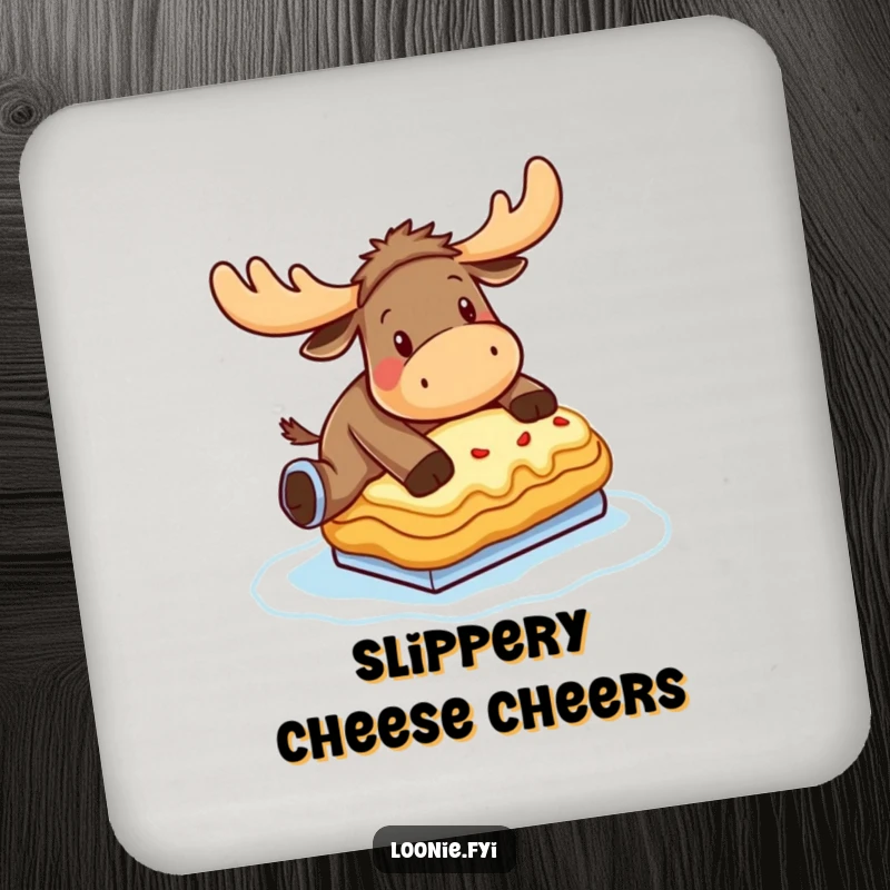 Funny Moose Coaster: A moose comically tries ice skating on a frozen poutine, a humorous addition to any table.