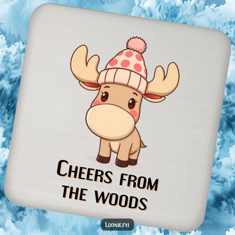 Funny drink coaster with a moose wearing a toque and waving, protecting surfaces with a humorous and friendly design, a delightful accessory.