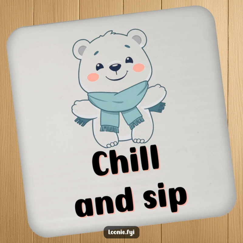 Funny Coaster: A grinning polar bear with a scarf poses cheerfully, adding a protective and charming arctic element to any surface.