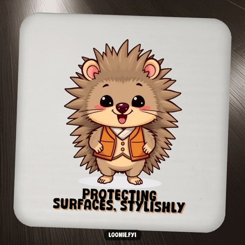 Funny drink coaster with a delighted porcupine in a vest, standing proudly, protecting surfaces with a touch of humorous charm.