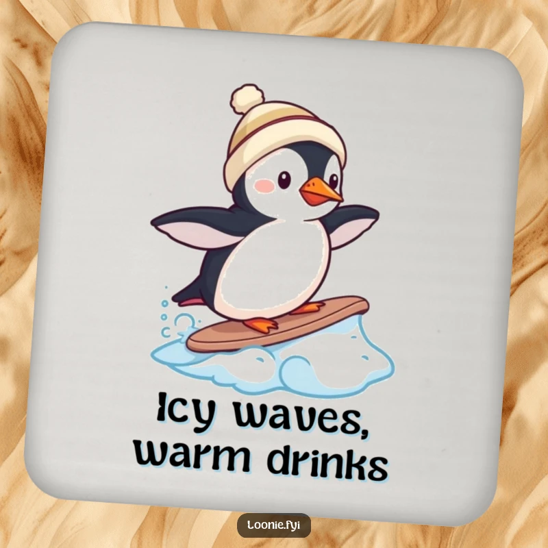 Funny drink coaster with a puffin in a toque trying to surf a frozen wave, protecting tables.