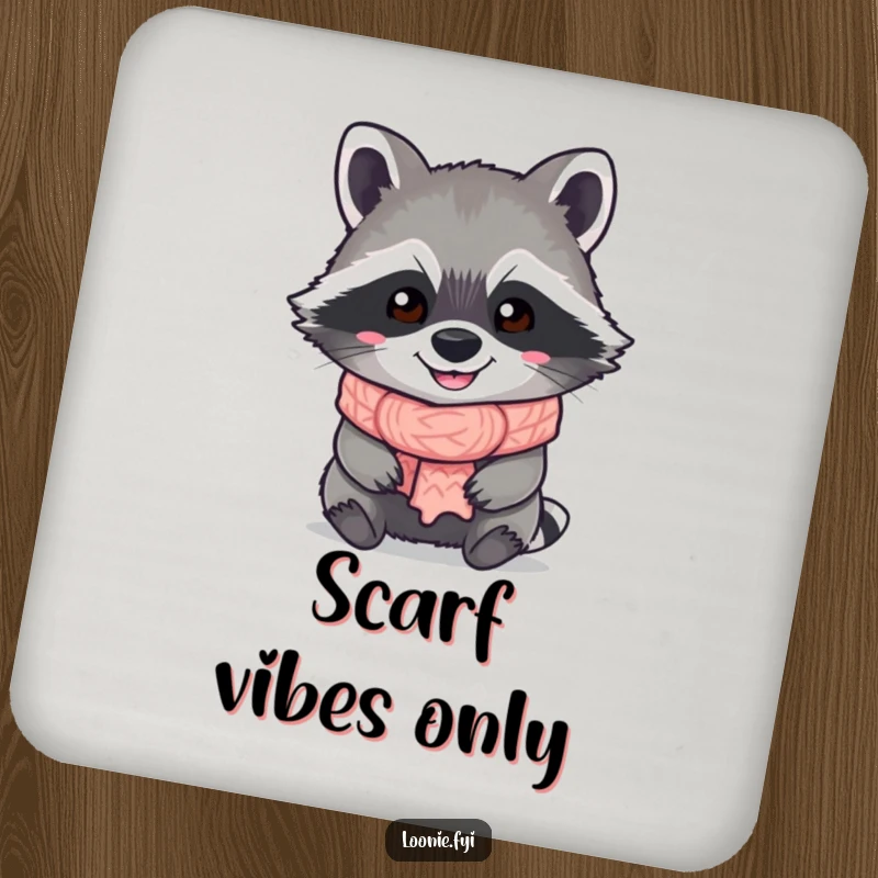 Funny Raccoon Coaster: A grinning raccoon sporting a knitted scarf, providing surface protection with a touch of woodland humor.