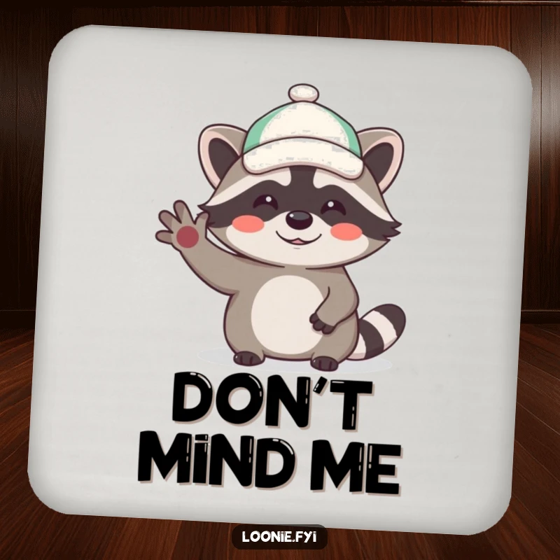 Funny drink coasters featuring a giggling raccoon character in a tiny hat, waving hello, adding a whimsical element to beverage service.