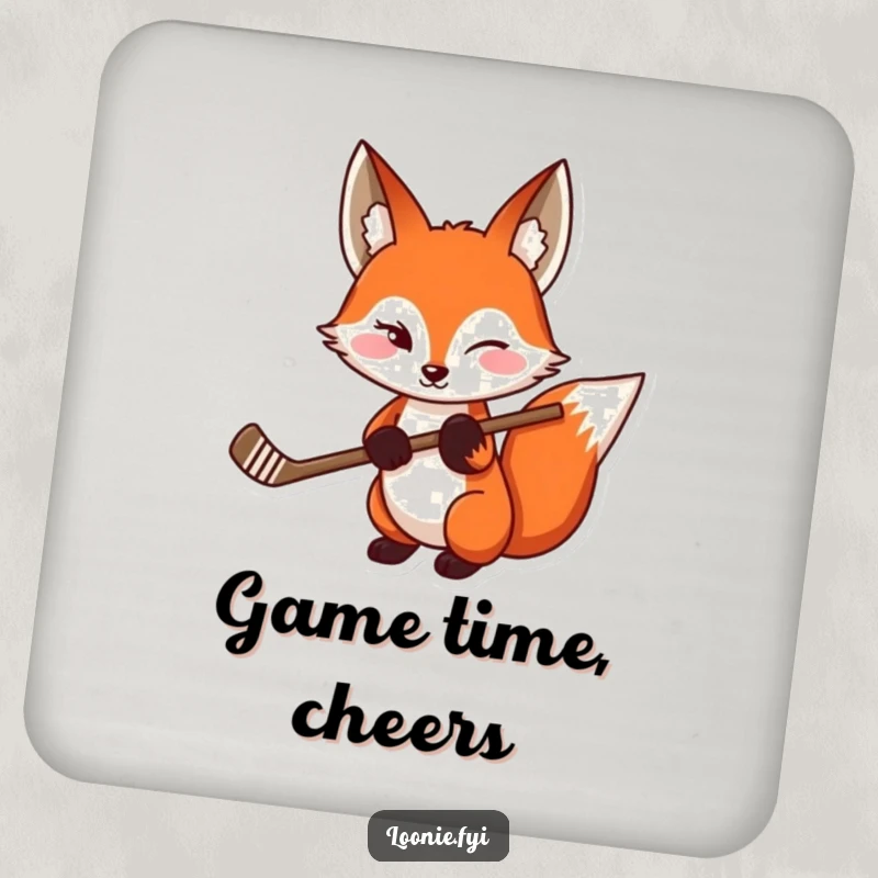 Funny Red Fox Hockey Coasters: A set of coasters with a winking red fox holding a hockey stick, perfect for a funny gift.