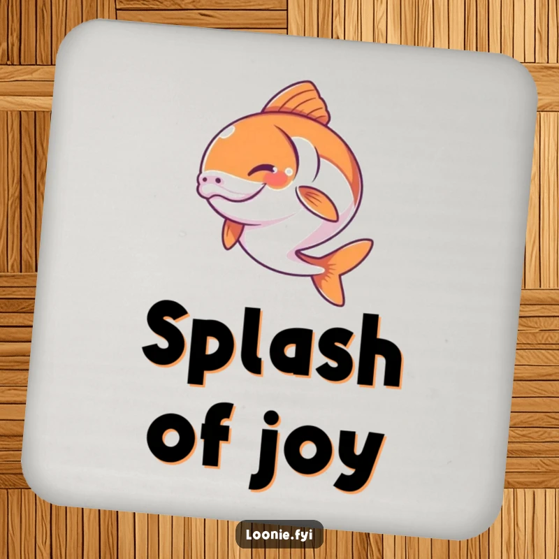 Funny drink coaster featuring a determined and happy salmon captured in a dynamic leap.
