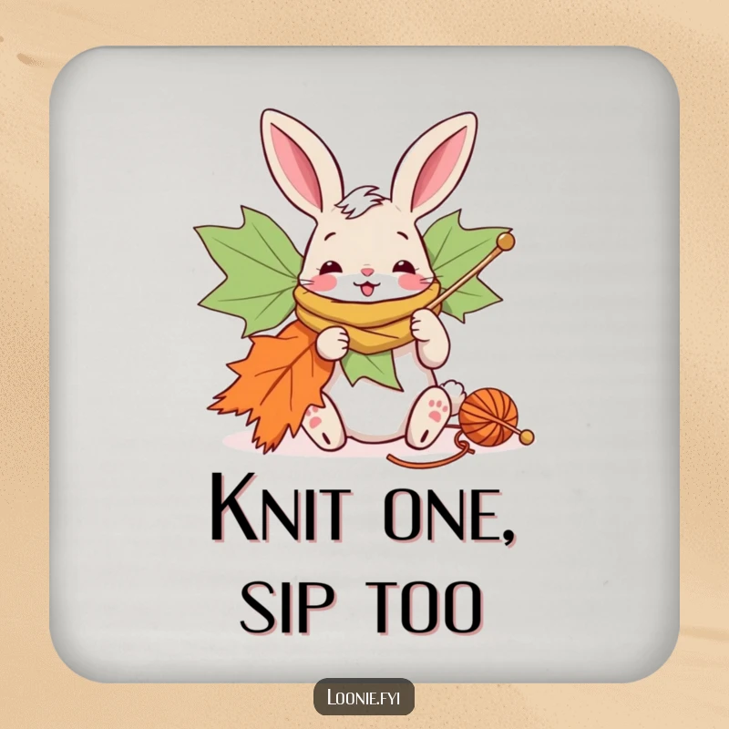 Funny drink coaster with a bunny knitting a giant maple leaf scarf, protecting surfaces with charm.