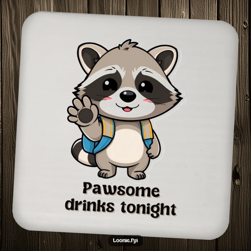 Funny drink coaster with a cheerful raccoon carrying a backpack, winking with its paw, perfect for protecting surfaces with humorous flair.
