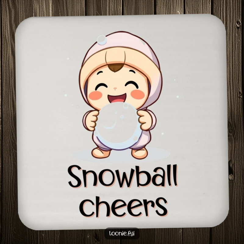 Funny drink coasters featuring a smiling character making a friendly snowball fight gesture, protecting surfaces with humor.