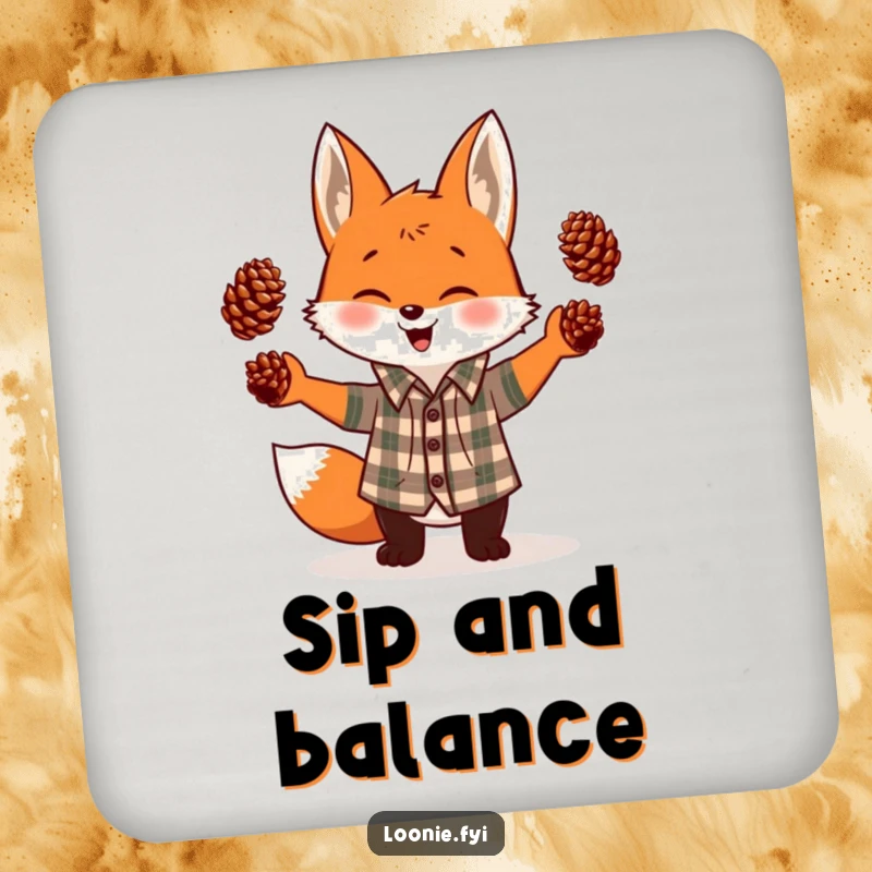 Funny drink coaster with a giggling fox in a plaid shirt, juggling three pinecones, adding a humorous touch to any table.