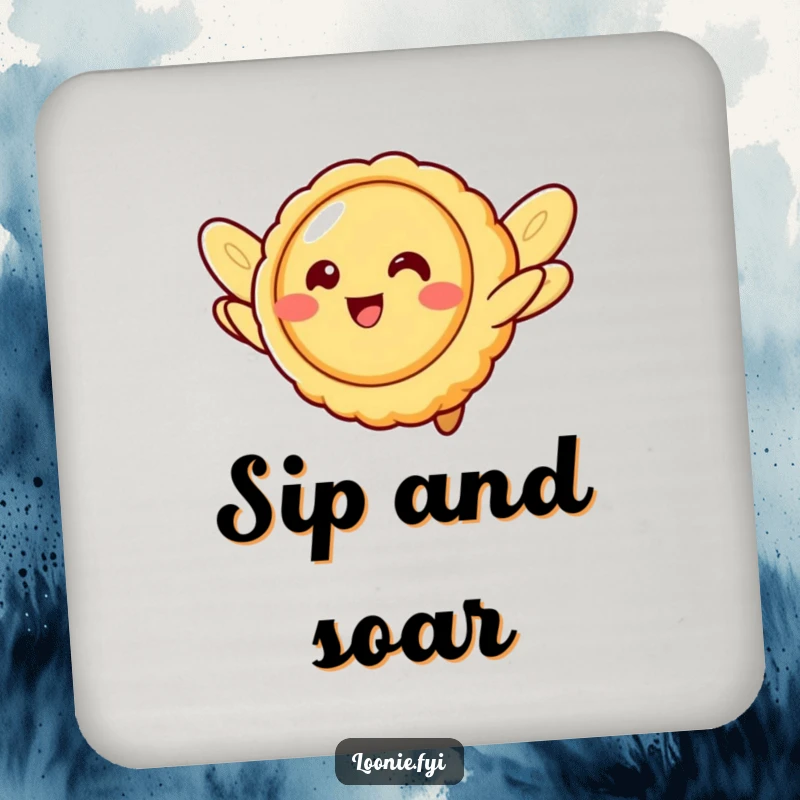 Funny butter tart character with cookie wings, attempting flight, a set of whimsical drink coasters.