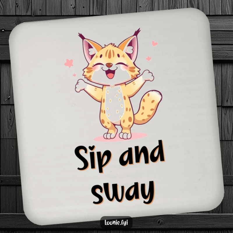 Funny drink coaster showing a joyful lynx performing a happy jig, adding playful protection and feline charm.