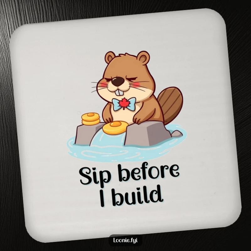Funny grumpy beaver wearing a maple leaf bow tie, building a dam with pancakes, printed on a protective drink coaster.