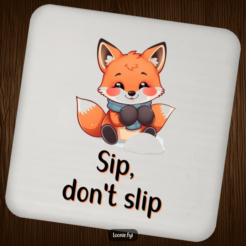 Funny fox with mittens on this coaster, adding playful winter charm and protecting surfaces from moisture.
