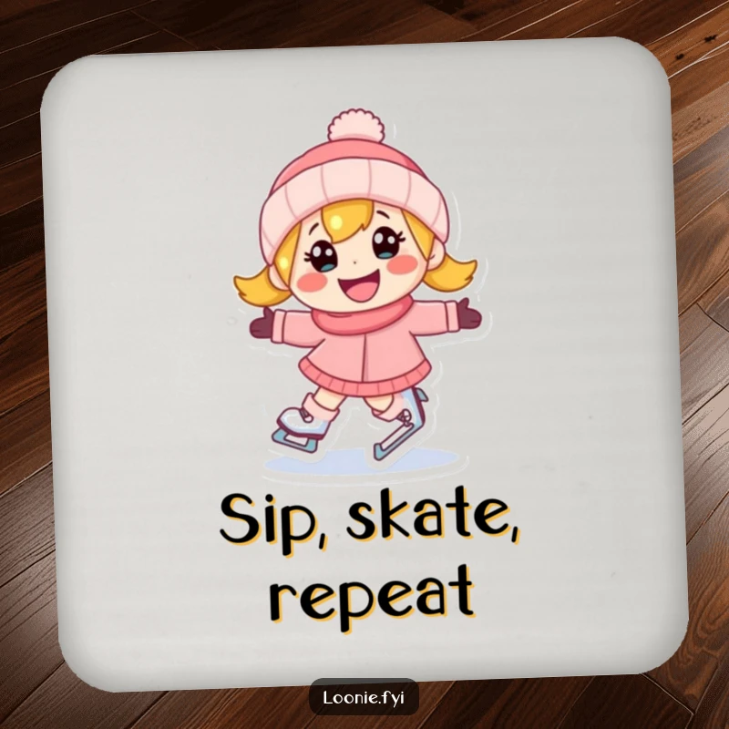 Funny coaster set with a happy character ice skating with a determined grin, protecting surfaces with humor.