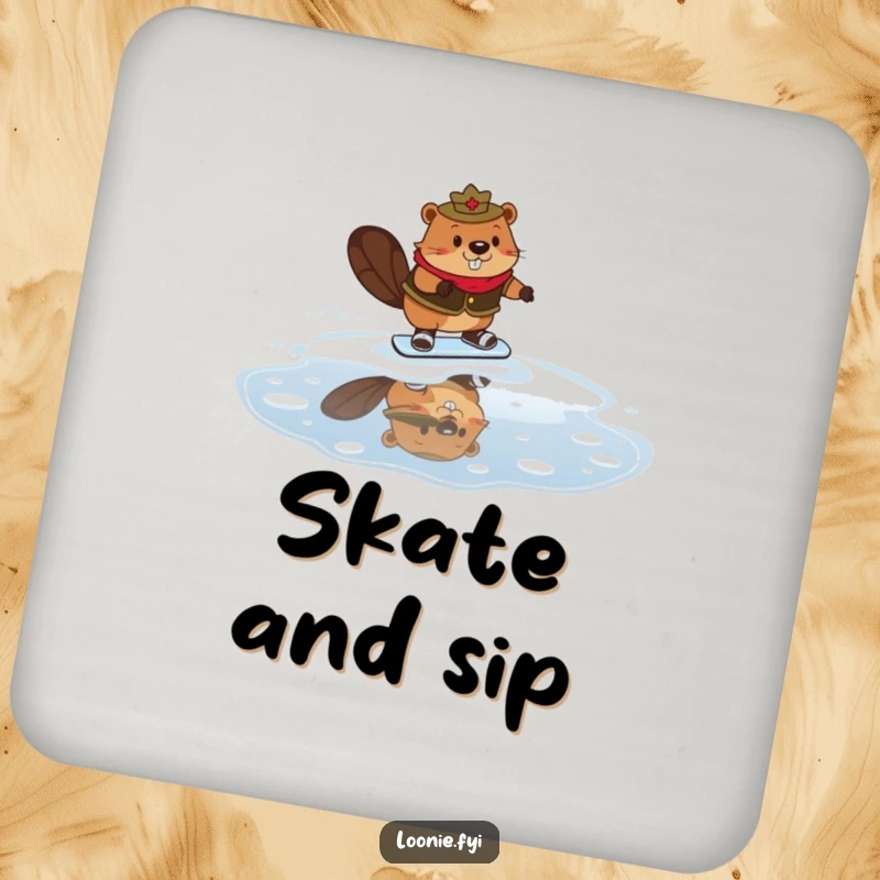 Funny Mountie Beaver Coaster displaying a beaver in a Mountie uniform comically skating on maple syrup, offering protection and humor.
