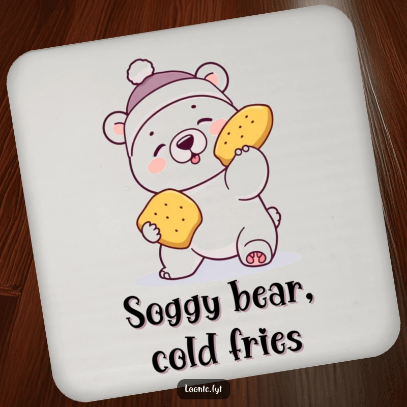Funny drink coaster with a polar bear in a toque failing to catch flying poutine, protecting tables.