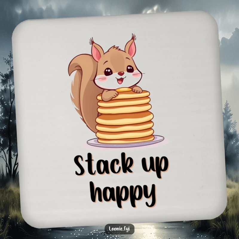 Funny drink coaster with a cheerful squirrel balancing a stack of pancakes, a humorous and practical table accessory.