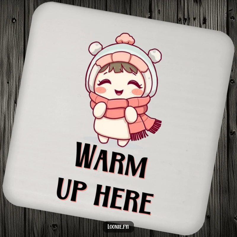Funny drink coasters featuring a giggling character in a winter scarf, playfully shivering, protecting furniture with humor.