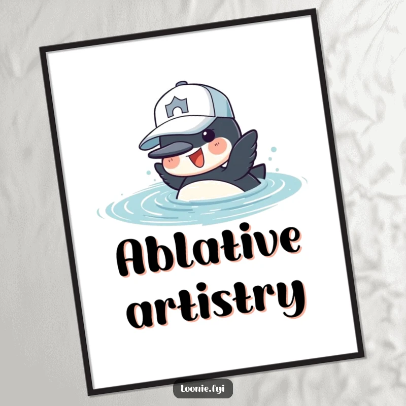 Funny Poster: A cheerful loon wearing a baseball cap gracefully dives into water, bringing aquatic joy.