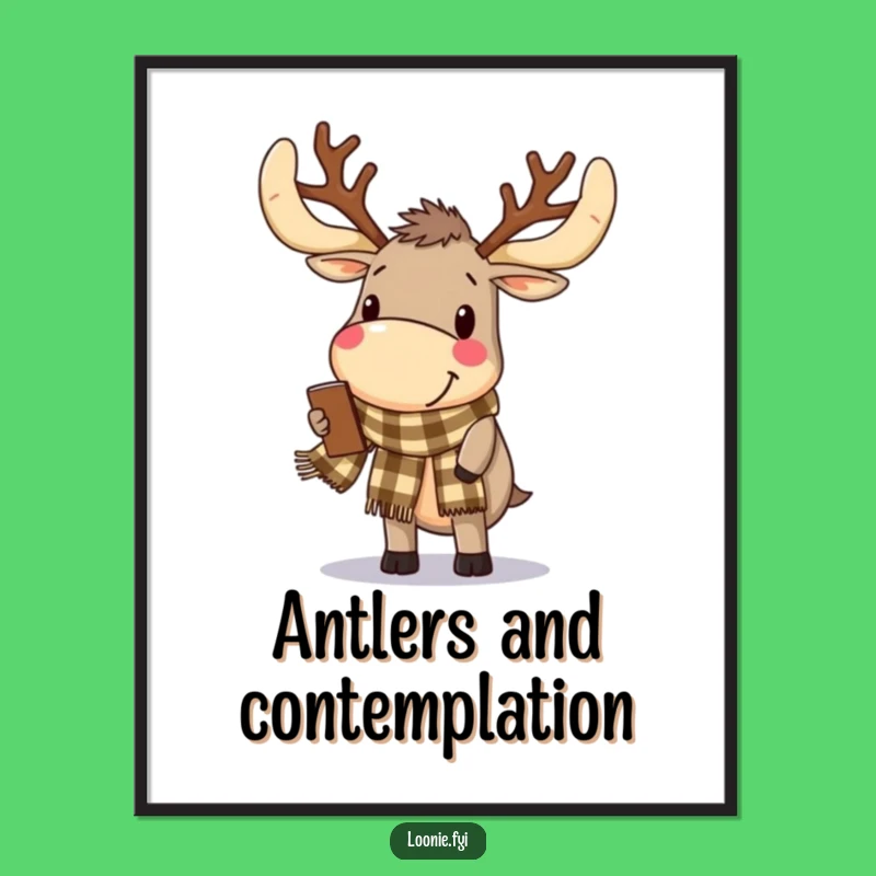 Funny Moose Antler Art Poster - Delighted Browser, Checkered Scarf, Rustic Gift