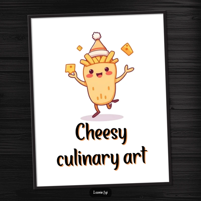 Funny Poutine Poster featuring a dancing poutine creature in a toque juggling cheese curds, adding delicious humor to decor.