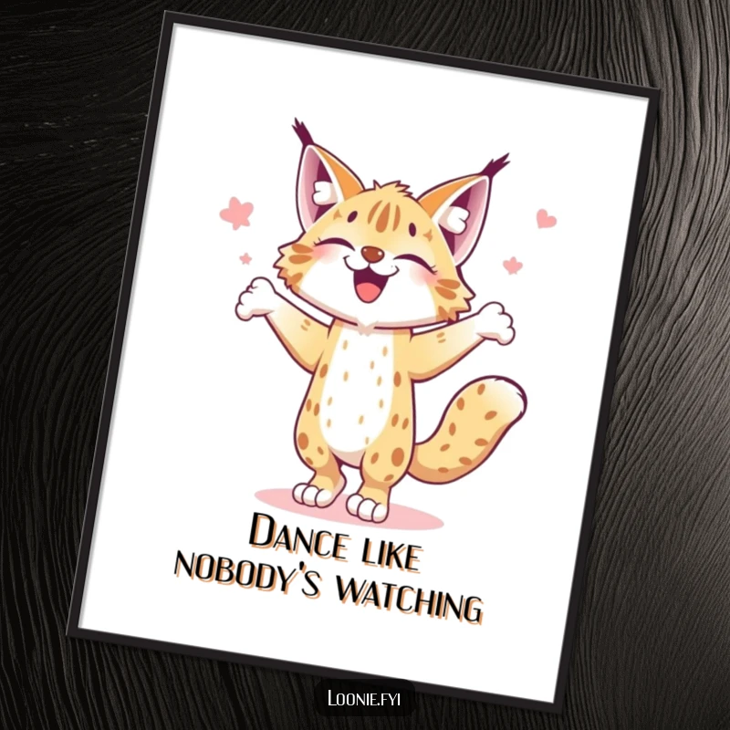 Funny poster art of a joyful lynx performing a happy dance jig, full of feline energy and infectious merriment.