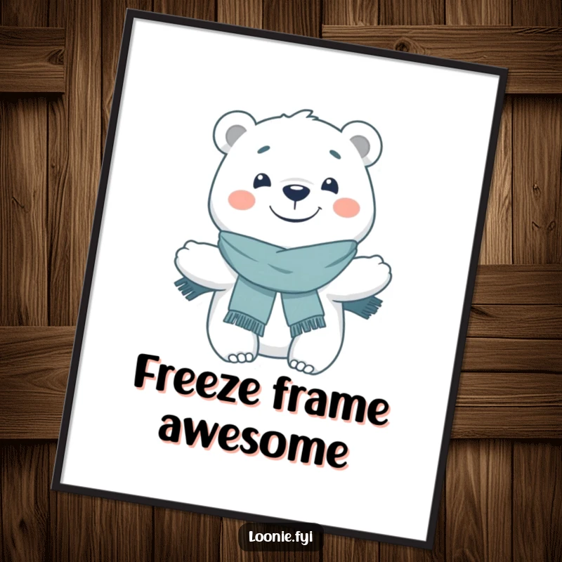 Funny Poster: A happy polar bear with a broad grin and a cozy scarf posed charmingly, radiating winter joy and friendliness.