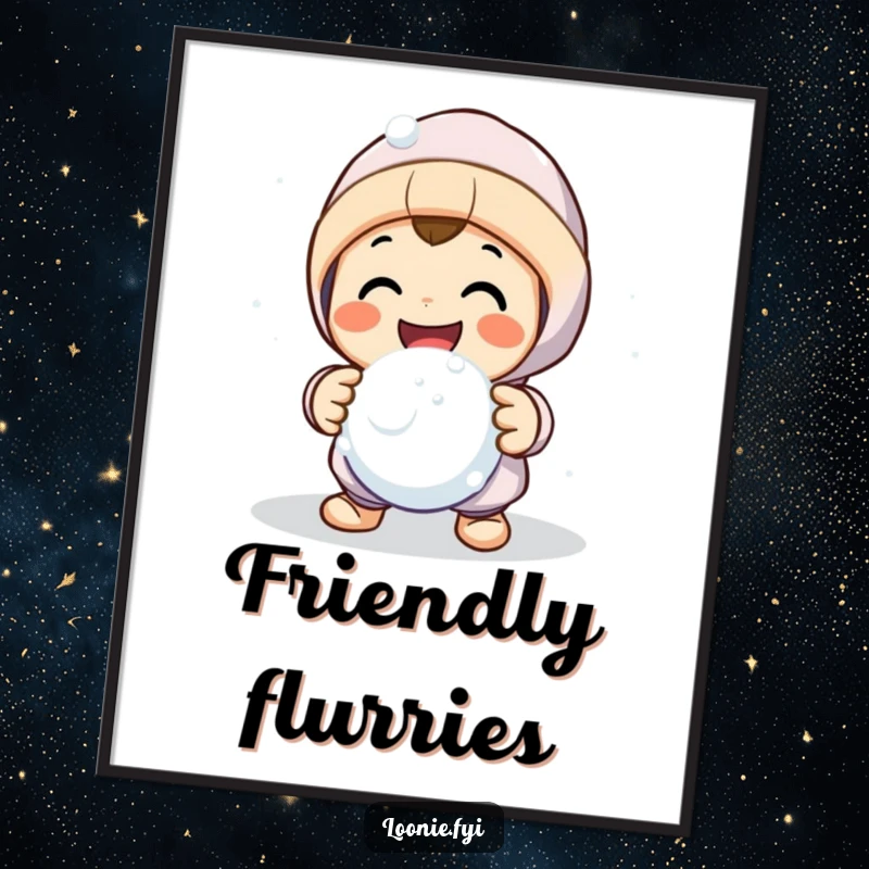 Funny poster art of a smiling character extending a snowball with a friendly gesture for a playful snowball fight.