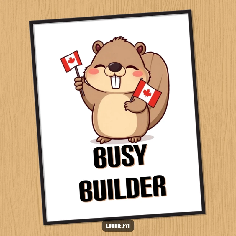 Funny Beaver Poster: A winking beaver enthusiastically waving a small Canadian flag, presented as festive wall art for a Canadian theme.