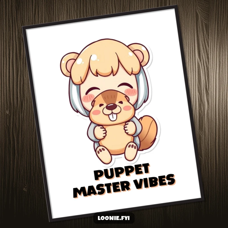 Funny poster depicting a delighted character with fond amusement holding a small beaver puppet; charming artwork.