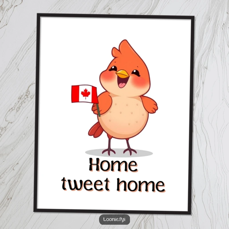 Funny Cardinal Poster: Delighted cardinal wearing a tiny Canadian flag, chirping happily, patriotic wall art.