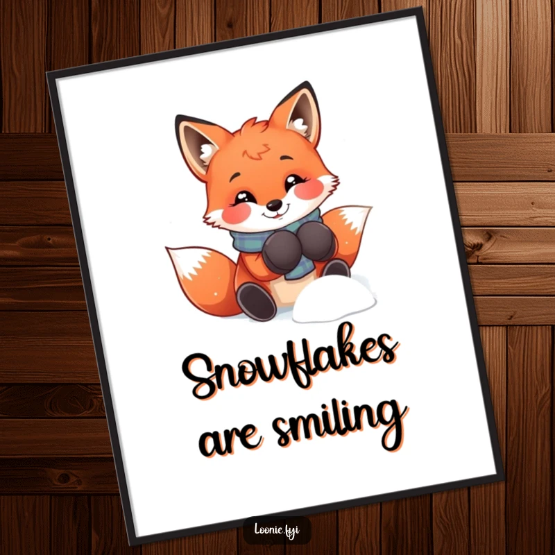 Funny fox art with mittens playing in snow, bringing a touch of playful winter magic to any room.