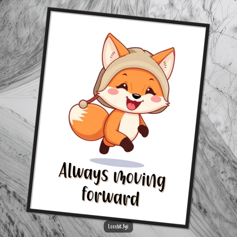 Funny happy fox wearing a trapper hat running, captured in a whimsical poster to add humor to any room.