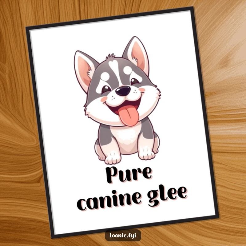 Funny poster featuring a small husky dog eagerly panting with a wide, happy grin, a delightful piece of dog-themed art.