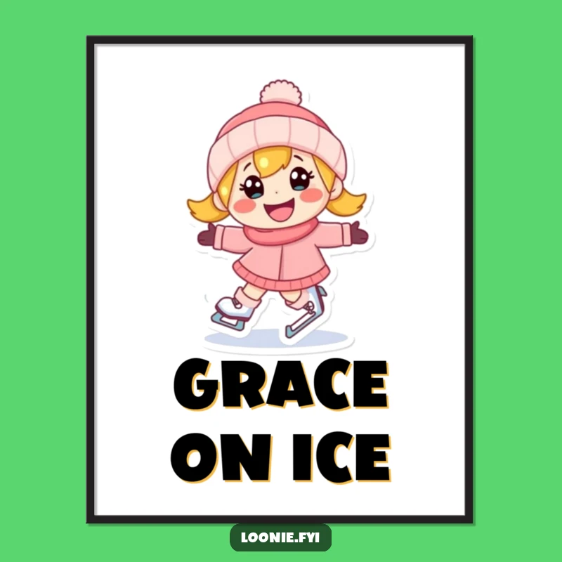 Funny Ice Skating Poster: Happy Character's Determined Grin, Joyful Art Print