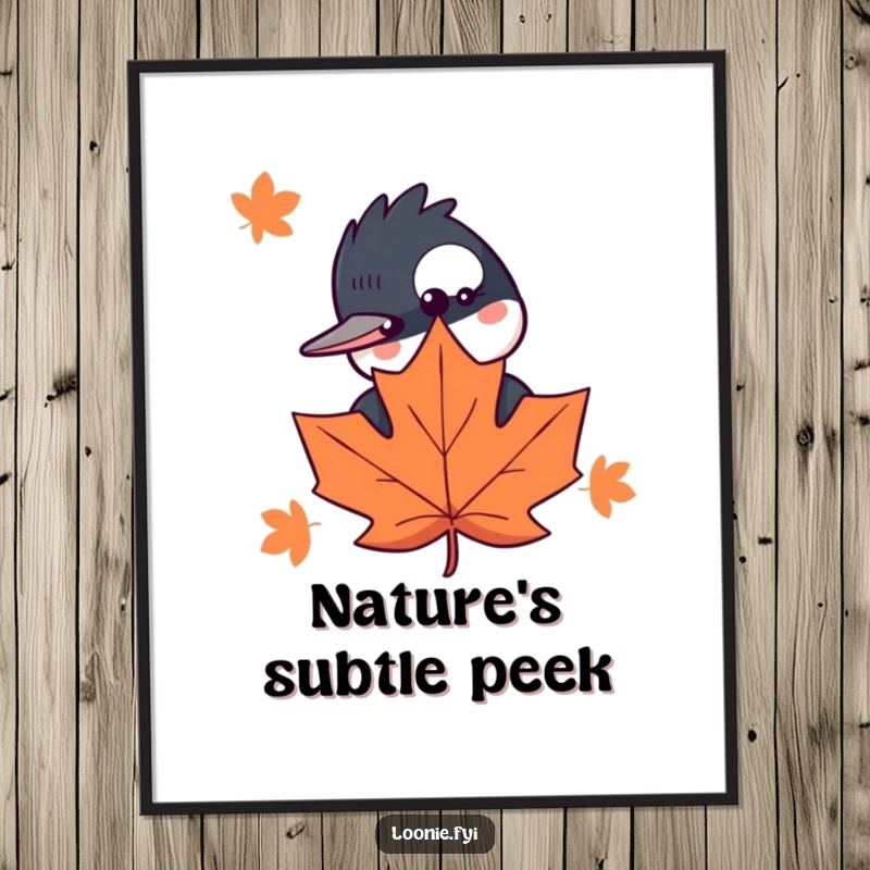 Funny poster art of a curious loon peeking from behind a vibrant maple leaf, adding whimsical nature-themed humor.