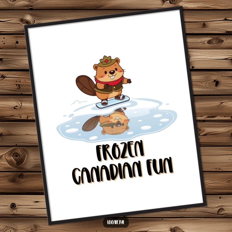 Funny Mountie Beaver Poster featuring a beaver dressed as a Mountie comically attempting to skate on maple syrup, adding humor to decor.