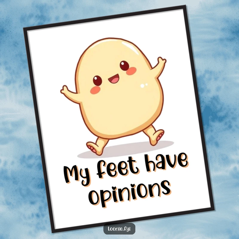 Funny perogy tripping over its doughy feet, a vibrant cartoon wall art poster that brings comedic relief.