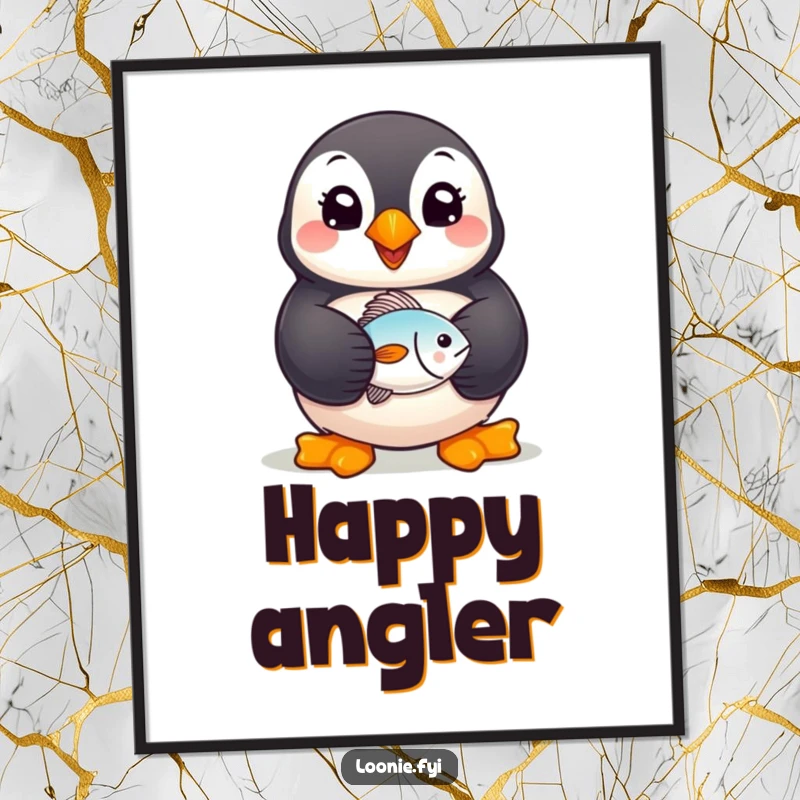 Funny Puffin Poster: A cheerful puffin with a wide smile, proudly holding a small fish, presented as uplifting wall art.