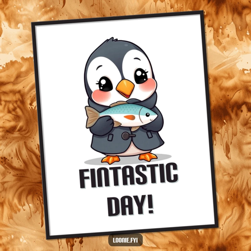 Funny poster art of a delighted puffin in a tiny coat, holding a fish, capturing the whimsical charm of these coastal birds.