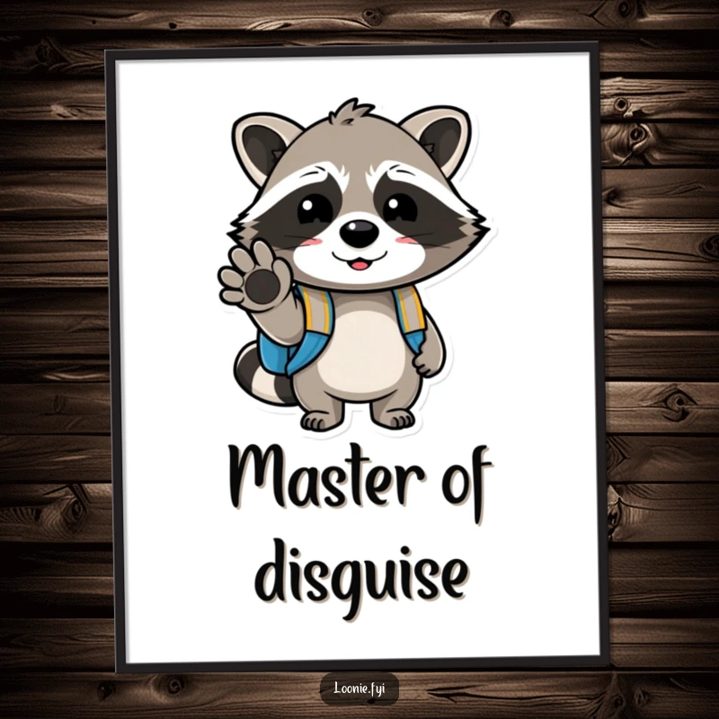 Funny poster of a cheerful raccoon with a backpack, winking with its paw, perfect for adding playful and humorous wall art.