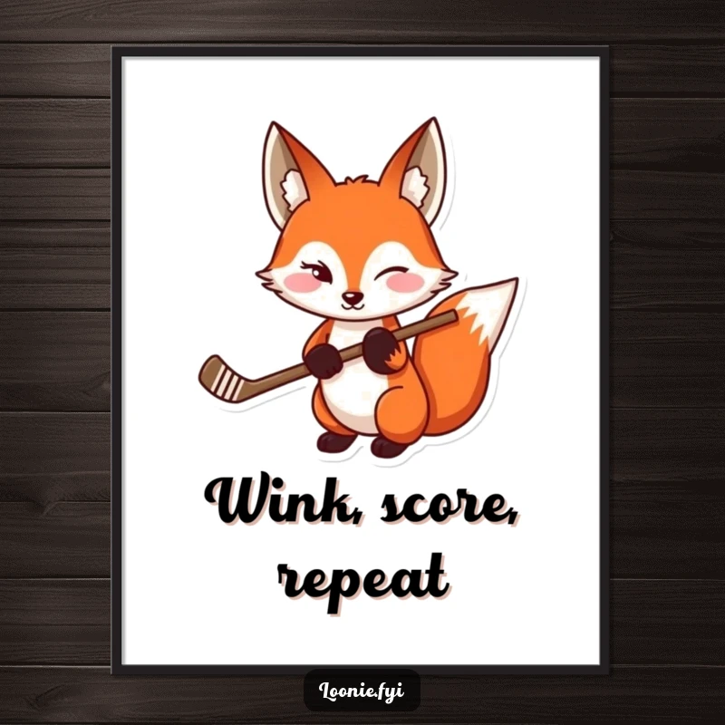 Funny Red Fox Hockey Poster: A witty illustration of a red fox winking and holding a hockey stick, perfect for funny gift decor.