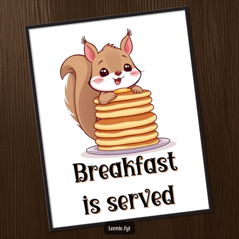 Funny poster featuring a cheerful squirrel balancing a huge stack of pancakes, a delightful and humorous breakfast-themed artwork.