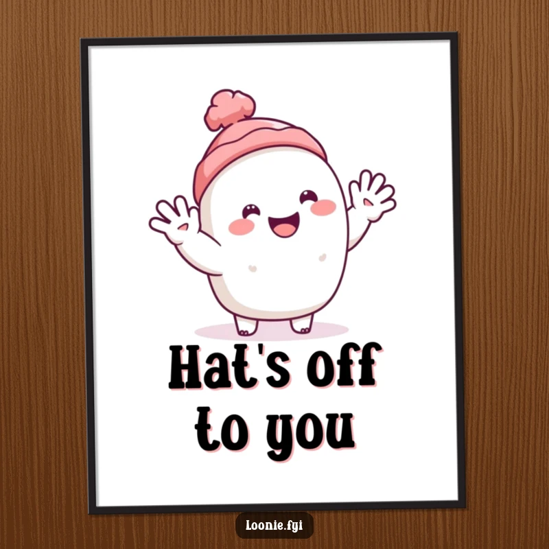 Funny poster art of a happy toque character with a big smile, waving hello cheerfully.