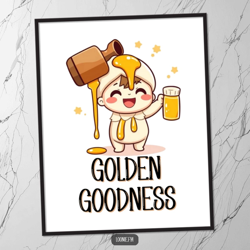 Funny poster depicting a cheerful character performing a celebratory maple syrup pour; vibrant breakfast art.